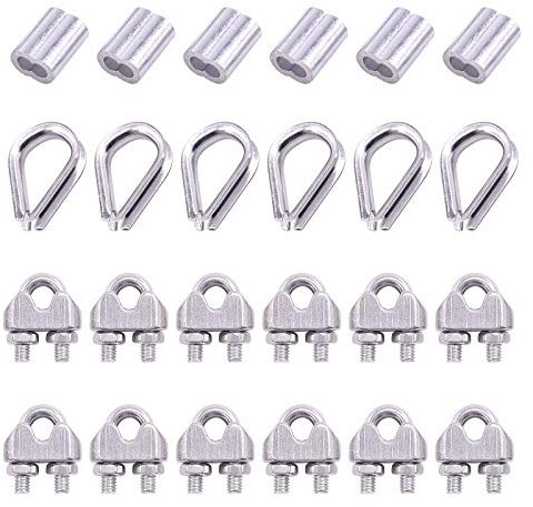 Glarks 24Pcs M3 Wire Rope Cable Clip Clamp with Cable Thimbles Combo and Aluminum Crimping Loop Sleeve Set for Wire Rope Cable Thimbles Rigging (1/8'' Wire Rope Clips Set)