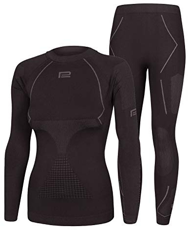 Prosske Damen Seamless Funktionsunterwäsche Thermo Xtreme 2.0 Set Thermounterwäsche Skiunterwäsche Atmungsaktiv (schwarz-grau, S/M)