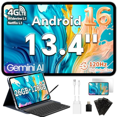 TECLAST T65 Tablette 13.4 Android 16, 120Hz Tablet avec Clavier, 4G LTE | Gemini AI, Dual SIM, Octa-Core, 26Go+128Go+4To, 8000mAh, Widevine L1,GPS, Tablette avec Clavier+Étui+Stylet+OTG