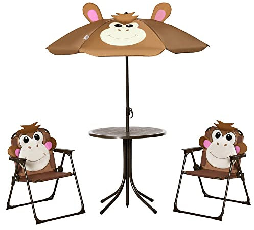 Outsunny Kids Bistro Table and Chair Set, Outdoor Folding Garden Furniture w/Monkey Design, Removable, Adjustable Sun Umbrella, Ages 3-6 Years - Brown