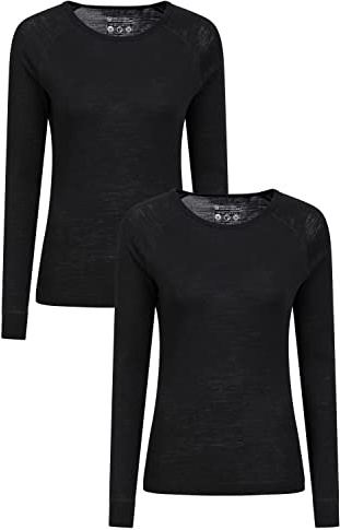 Mountain Warehouse Merino Womens Round Neck Top 2-Pack - Lightweight & Moisture Wick Breathable Baselayer - Best for Spring Summer, Outdoors, Travelling & Hiking Black (Multipack) Women's Size 10