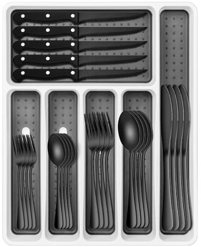 Black Silverware Set, Umite Chef 49-Piece Flatware Set with Drawer Organizer, Durable Stainless Steel Cutlery Set for 8, Tableware Eating Utensils with Steak Knives for Home Restaurant