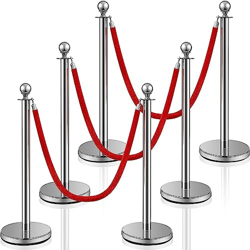 Ferraycle 4 Pcs 2025 Prom Stainless Steel Stanchion 5 ft Velvet Carpet Ropes and Pole Crowd Control Barriers Grand Opening Casino Movie Theme Party 360 Photo Booth Accessories (Silver)