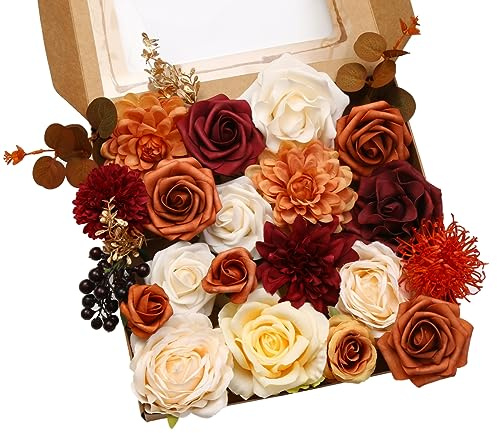 Künstliches Blumenbox-Set Herbst Seidenblumen Rose Herbst Kunstblumen mit Stielen für DIY Braut Hochzeit Blumensträuße Tafelaufsätze Arrangements Tischdekoration Babyparty Party Heimdekoration (Orange