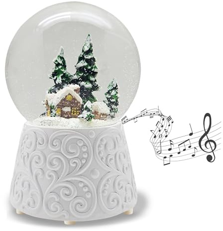Schneekugel Spieluhr Weihnachten | Hüttenzauber Winterhütte Berghütte | Sockel weiß Nostalgie | Höhe: 140mm, Durchmesser 100mm | Schüttelkugel Weihnachtsdekoration | 20326