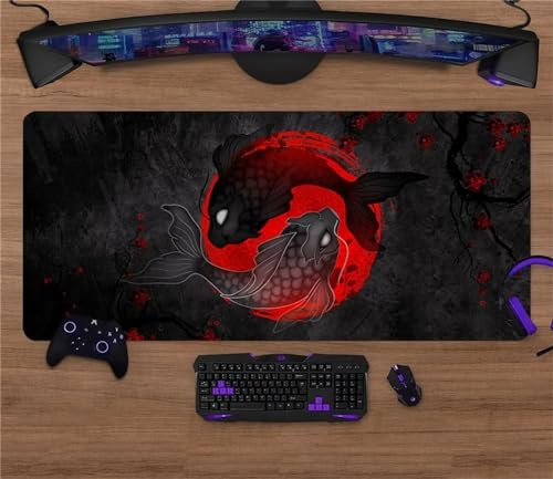 Gaming Mauspad Groß Mousepad 1200x600x3mm Large Tastatur Matte mit Verbessert Geschwindigkeit und Präzision Mausmat Anti-Rutsch Gummibasis für Gaming Office Home - Rot Grau Koi