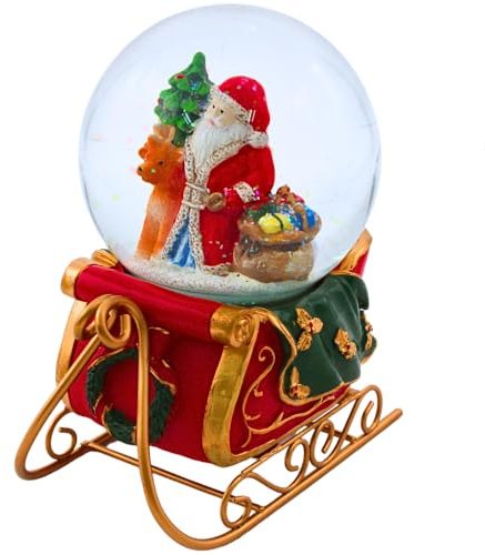 Dekohelden24 Hochwertige Schneekugel Schüttelkugel Weihnachtsmann auf Schlitten, Sockel als Weihnachtsschlitten, Größe L/B/H: 15 x 11 x 14 cm