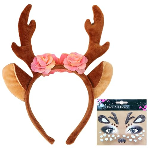 FUKPO Rentier Haarreif mit Blumen + Rentier-Gesichtsaufkleber, Reh Ohren Haarreifen Kostüm Damen Mädchen Kinder Erwachsene, Kopfschmuck Geweih Karneval Mottoparty Fasching Cosplay Weihnachten