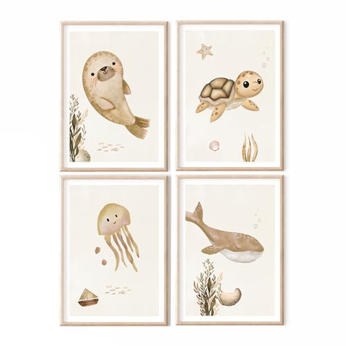MeinBaby123® Unterwasserwelt Poster | 4er Set DIN A4 | Robbe, Qualle, Schildkröte, Wal | Kinderzimmer Deko Meer | Bilder | Geschenk zur Geburt (Unterwasserwelt V8)
