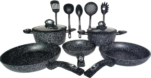 Pentole e Padelle Set 12 Pz. Bavaria Rivestimento Antiaderenti Pietra per tutti i Tipi di Piano Cottura Manici Ergonomici Antiscivolo con Fondo Induzione Ad Altissima Conducibilità