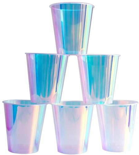 MnhoMnrn 25 Pcs Iridescent Clear Plastic Cups 12oz Fancy Thick Neon Disposable Drinking Cups Cute Glitter Holographic Hard Plastic Cup for Party Decoration (Clear)