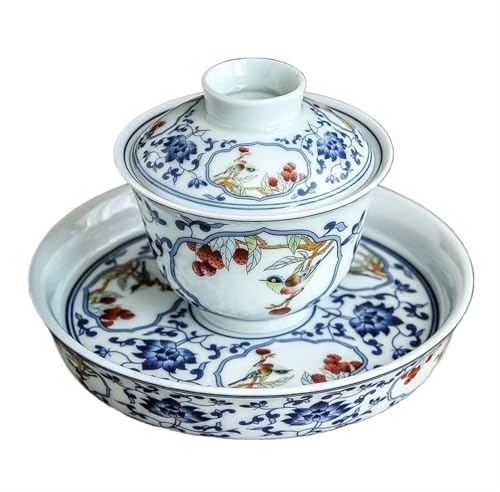 FCMWLKEJI Teetasse aus Porzellan, 145 ml, chinesisches antikes Blau und Weiß, Teetasse für Reisen, tragbar, Gaiwan, handgefertigte Keramik-Teeschale, Tee-Set