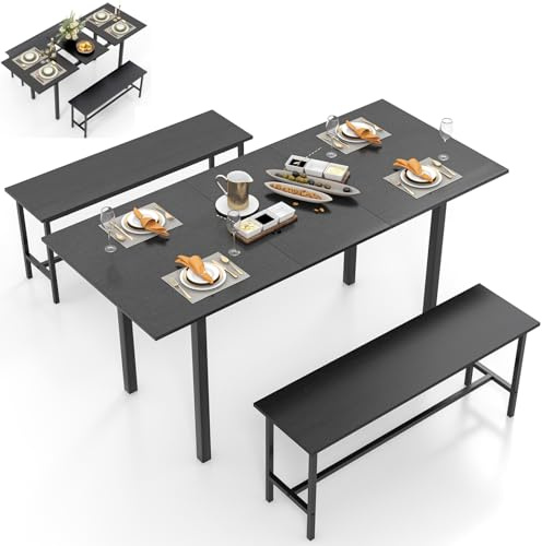 TANGZON Extendable Dining Table with 2 Benches, 3 Pieces Dining Table Bench Set with Anti-collision Protectors & Footrests, 4-6 Seater Breakfast Kitchen Table Sets Furniture for Home Dining Room