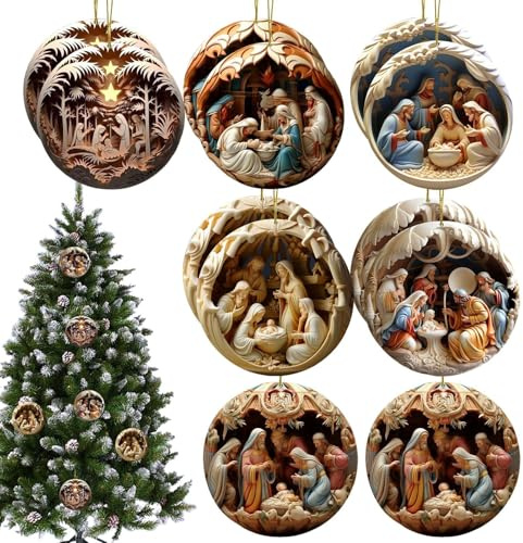 ETUCYNG Pack of 12 Christmas Nativity Scene Ornament, 8x8x0.3cm, Wooden, Christmas Tree Decoration, Hangable, Multicolor
