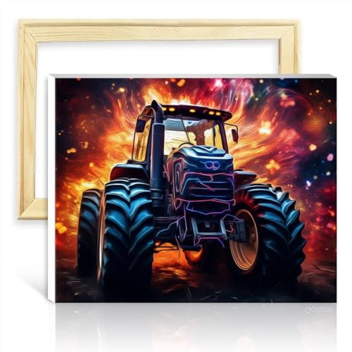 TANGFEIY Malen nach Zahlen auf Leinwand, Wandkunst, bunte Traktoren, DIY-Malen nach Zahlen mit 3 Pinseln und Acrylfarben, kreativer Stil, Kunsthandwerk, mit Rahmen (40 x 50 cm)