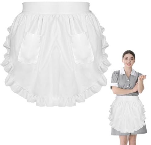 QTMMC Half White Apron 2 Pockets Frilly Waitress Apron for Women Ruffle Maid Apron Cosplay Waist Victorian Apron for Kitchen Cooking Restaurant Coffee Shop Party Costumes Dress Accessory