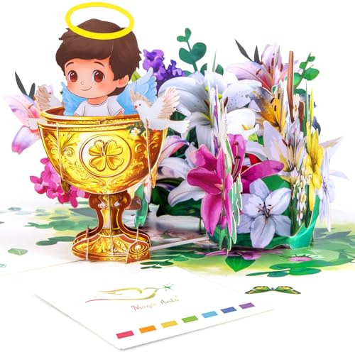 Taufe 3D Pop Up Karte für Jungen - Grußkarte zur Taufe mit Engel, Tauben, Blumen und edlen Golddetails - Taufgeschenk und Feier für Baby Jungen