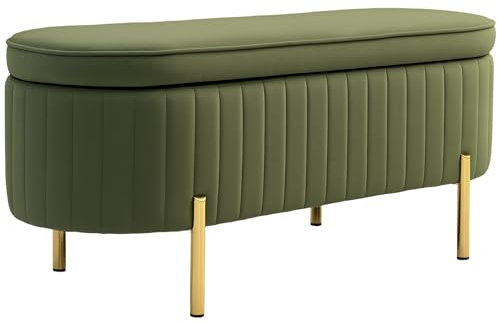HOMCOM Panca Contenitore Ingresso Ovale 72L Design Scanalato con Coperchio Sollevabile, Seduta Imbottita, Panca Fondo Letto Pouf Cassapanca in Velluto e Struttura in Legno di Pino, 108x44x43.5cm,Verde