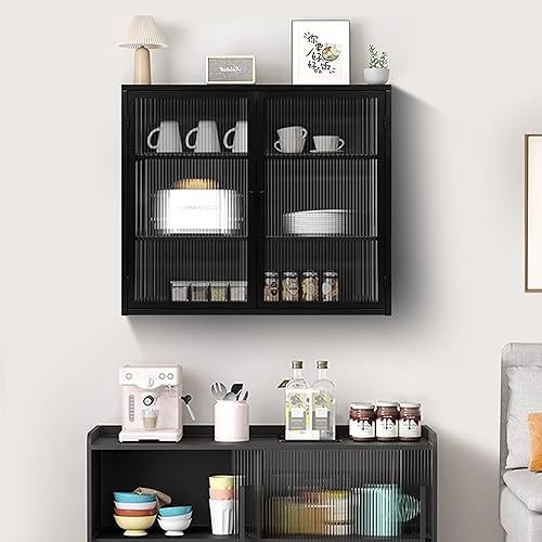 Merax Hängevitrine Glasvitrine Wandschrank Hängeregal Schaukasten, 2 Glastüren, für Esszimmer Küche Wohnzimmer Büro Badezimmer Eingangsbereich, Schwarz/70x23x60 cm