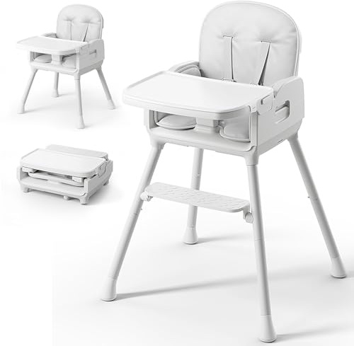 Obee Odee 3-in-1 Portable Baby High Chair for Babies and Toddlers, Convertible Easy Clean Infant Foldable Highchair with Adjustable Legs & Dishwasher Safe Tray, Grey