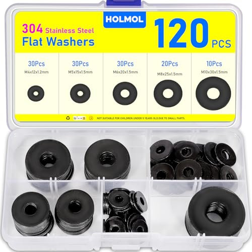 HOLMOL Washers 120PCS, Black Flat Penny Washers, Stainless Steel Washer for Screws & Bolts with 5 Sizes M4 M5 M6 M8 M10, Flat Metal Washer Assorted