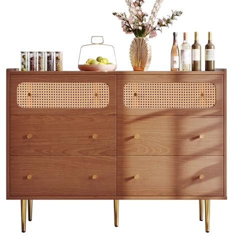 LARFOEK Kommode mit 6 Schubladen, Rattan Sideboard mit Viel Stauraum, Moderne Mehrzweckschrank für Schlafzimmer, Wohnzimmer, Arbeitszimmer, Flur, 120 X 40 X 90 cm, Nussbaum (6 Schubladen)