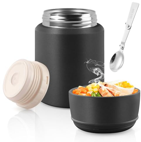 Acasimo Thermobehälter für Essen 550ml, Edelstahl Warmhaltebehälter Essen mit Löffel, müslibecher to go, Thermo lunchbox für Gefrierschrank, Spülmaschine, Erwachsene(Schwarz)