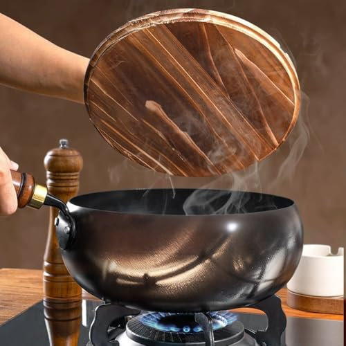 Zeroupshop Sartén de hierro forjado a mano tradicional Big Belly Wok Sartén de metal sin revestimiento Utensilios de cocina para cocina casera (olla de 28 cm+tapa de vidrio L)