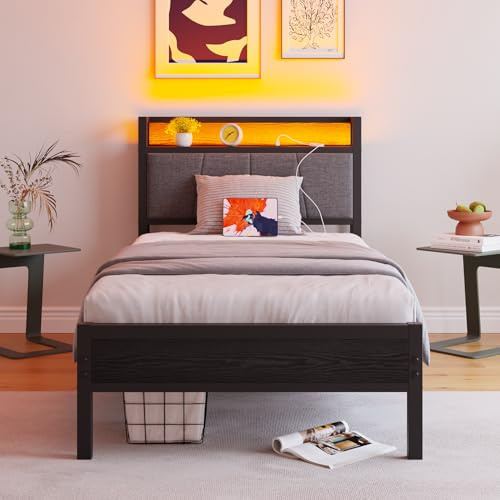 BORPHOM Base de cama individual de 91 cm con cabecera de almacenamiento, luces LED, plataforma tapizada de metal con estación de carga, base de colchón, soporte de listones fuertes, almacenamiento