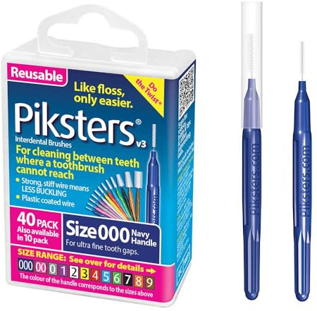 Piksters Interdental Brushes, 40 pk, Size 000, Interdental Tooth Brush for Extremely Tight and Fine Teeth Gaps, Gum Soft Bristles for Plaque Removal, Safe for Braces