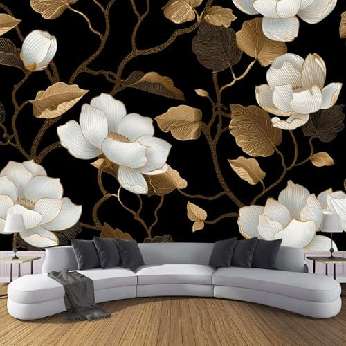Papier Peint en soie Fleurs Élégantes 150×105 cm Papier Peint Fleurs Blanches Feuilles Dorées XXL Muraux Tapisserie Photo Décoration Murale pour Salon Chambre Bureau - Lavable et Résistant,Noir