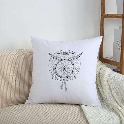 HRRASFAZF Funda de cojín de 50 x 50 cm,Funda de Almohada Cuadrada de algodón, Coche, Dormitorio, decoración del hogar,Símbolo de Tauro, Tauro esbozado con alas ornamentadas y Decoraciones.