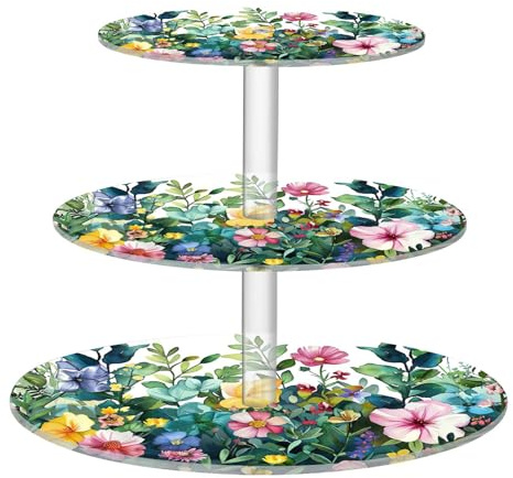 Blueangle 3-Tier Round Cupcake Stand – Colorful Herbs and Flowers Acrylic Dessert Tower, Non-Slip Tiered Dessert Stand for Baby Shower, Birthday, Wedding Party （385）