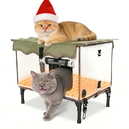 BNZ Indestructible Heated Cat House for Outside Winter, Weatherproof, Safe Escape Door, Insulated Outdoor Cat Shelter with Heater for Feral Barn Cat Kitty(21''x15''x13'')
