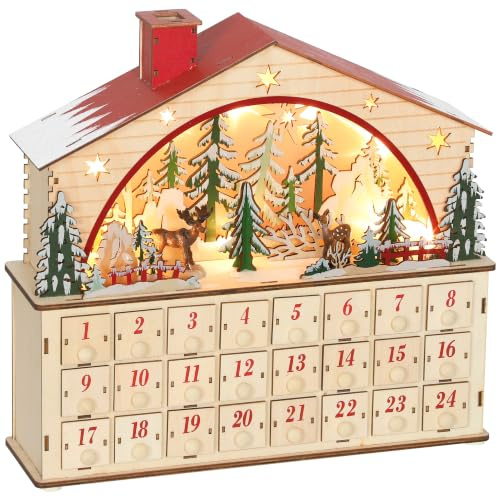 HOMCOM Calendario de Adviento para Rellenar de Madera 36x10x34 cm Natural | Con Luces LED y 24 Cajones, Calendario de Adviento de Navidad Reutilizable, Escena de Pueblo, Decoración Navideña