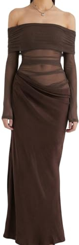 Sukiglam Vestido Mujer Manga Larga con Hombros Descubiertos Elegante Vestidos Largo de Fiesta Sexy Vestido Ajustado de Malla Transparente Otoño Bodycon Plisado Maxi Vestido para Cóctel Boda Ceremonia