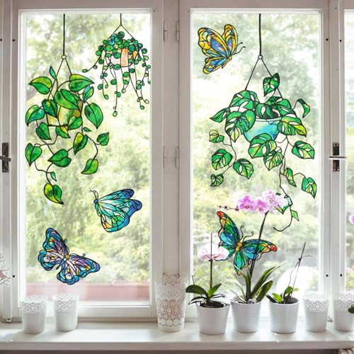 ChicSkin Hand-drawn pattern window pictures, green lily butterfly, transparent window sticker, collision avoidance window sticker, bird protection, living room, bedroom, kitchen window decoration