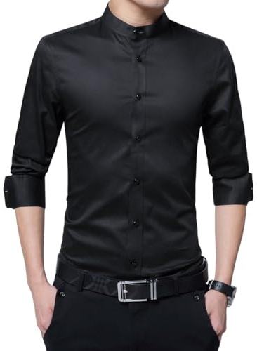 Sliktaa Hemd Herren Stehkragen Slim Fit Langarm Business Hochzeit Formale Shirt Smoking Baumwolle Schwarz M