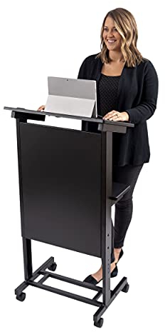 Stand Up Desk Store Mobiles höhenverstellbares Rednerpult, Schwerlast-Stahlrahmen (Schwarzer Rahmen/Schwarze Regale)