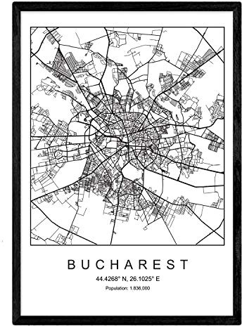 Nacnic Lama Bucarest mappa della città in stile nordico in bianco e nero. A3 formato della carta stampata No 250 gr. Dipinti, stampe e manifesti per soggiorno e camera da letto