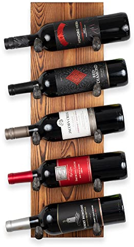 Rustic State Alicante Wall Mounted Reclaimed Wood Vertical Wine Rack Holder Shelf Organizer with Railroad Spike Cast Iron Hooks for 5 Bottles - Home, Kitchen, Dining Room Bar Décor - Walnut