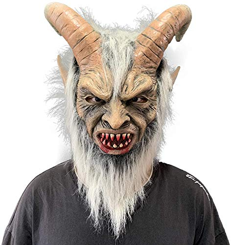 Lucifer Maske mit Hörnern Gruseliger Teufel Krampus Masken Halloween Cosplay Kostüm Requisiten (Grau)