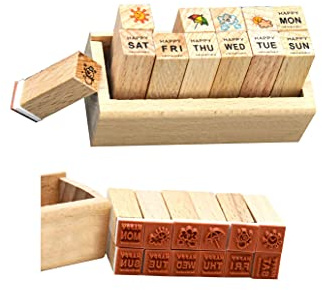 Tiardey 12 Pezzi Mini Simpatici timbri in Gomma in Legno Set di timbri per Album di diario Fai-da-Te con Scatola di Legno - Settimana, Meteo