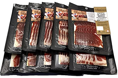 Iberico Schulter Schinkenscheiben Paleta Iberico Cebo 1 kg (10×100 g) — +28 Monate Gereift — Hycer Zertifiziert — Spanische Schinkenschulter Guijuelo — Vakuum verpackt — aBeiou