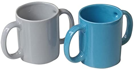 Mugg med dubbla handtag set om 2 för säkert grepp | BPA-fria keramiska muggar med dubbla handtag för att hjälpa till med skakningar | 350 ml (350 ml) (Blått och grått)
