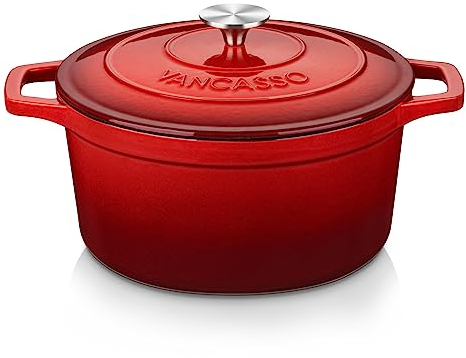 vancasso Brottopf zum Backen Gusseisen Topf, 5L Ø 26cm Emaillierte Beschichtung,Gusseiserner Brottopf zum Backen, Kasserolle, Gussbräter für Alle Herdarten und Induktion Geeignet,Rund,Rot,5L