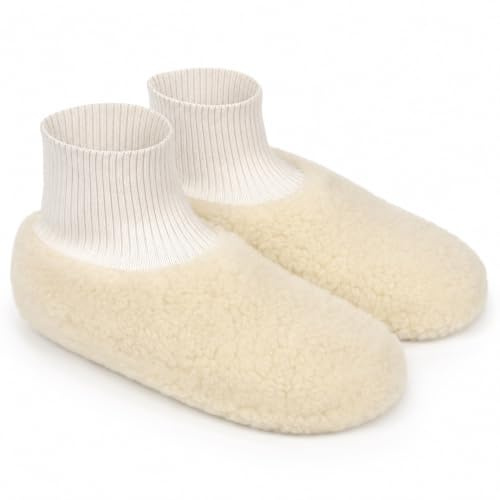 Chaussons de Lit avec Poignets contre Pieds Froids - Laine Mérinos - Pantoufles en Laine de Mouton Italienne, Naturel 38/39 EU
