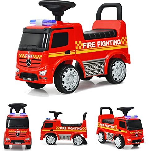 DREAMADE Rutschauto mit Lichter, Musik und Sirene, Rutscher für Kinder 18-36 Monate, Rutscherfahrzeug mit Kippkübel & Abnehmbarer Schaufel (Feuerwehrwagen)