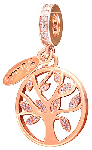 Charms de árbol de vida de oro rosa para pulsera de Navidad Pandora, colgante de árbol de Navidad de plata esterlina 925, colgante de raíz familiar CZ cuentas, el mejor regalo para mamá/abuela