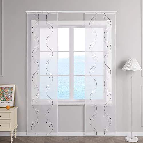 ESLIR Schiebegardinen Voile Flächenvorhänge Set 2er Schiebevorhang Wohnzimmer Gardinen mit Klettband Transparent Vorhang Bestickt Grau BxH 57x145cm 2 Stück